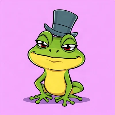 funny pfp — frog, wearing a tiny top hat with a serious face, solid lilac background