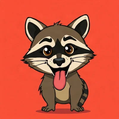 funny pfp — raccoon, tongue-out derpy expression, solid coral background