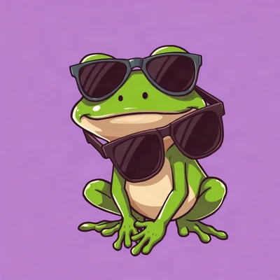 funny pfp — frog, oversized sunglasses slipping off, solid lilac background