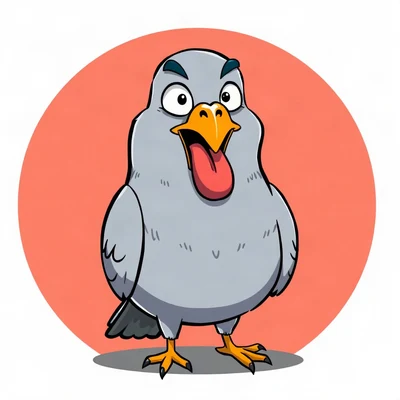funny pfp — pigeon, tongue-out derpy expression, solid coral background