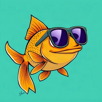 funny pfp — goldfish, oversized sunglasses slipping off, solid teal background