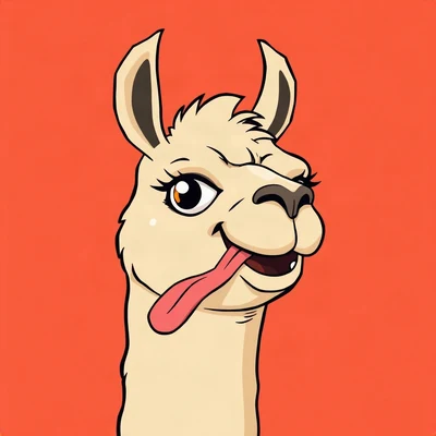 funny pfp — llama, tongue-out derpy expression, solid coral background