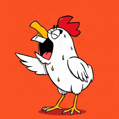 funny pfp — chicken, screaming with joy cartoon style, solid coral background