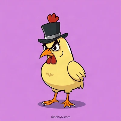 funny pfp — chicken, wearing a tiny top hat with a serious face, solid lilac background