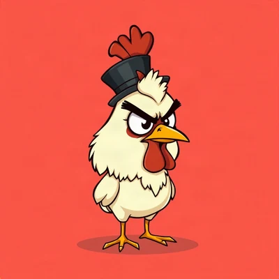 funny pfp — chicken, wearing a tiny top hat with a serious face, solid coral background