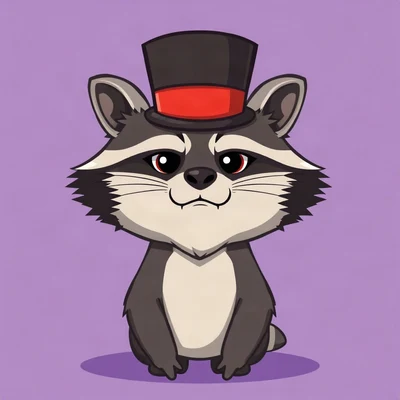 funny pfp — raccoon, wearing a tiny top hat with a serious face, solid lilac background