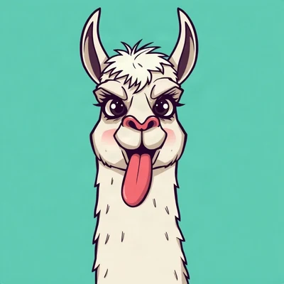 funny pfp — llama, tongue-out derpy expression, solid teal background