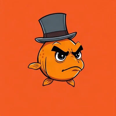 goofy pfp — goldfish, wearing a tiny top hat with a serious face, solid coral background