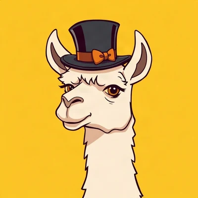 goofy pfp — llama, wearing a tiny top hat with a serious face, solid yellow background