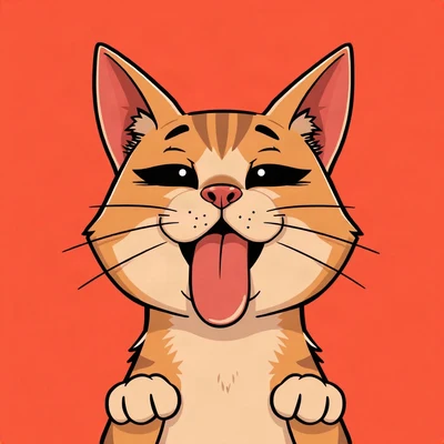 goofy pfp — cat, tongue-out derpy expression, solid coral background