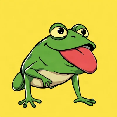 goofy pfp — frog, tongue-out derpy expression, solid yellow background