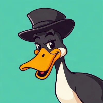 goofy pfp — duck, wearing a tiny top hat with a serious face, solid teal background