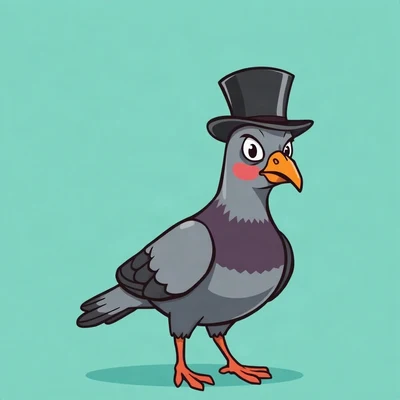 goofy pfp — pigeon, wearing a tiny top hat with a serious face, solid teal background