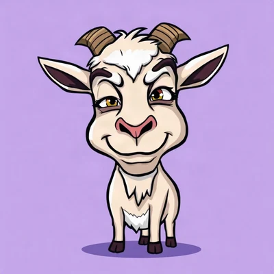 goofy pfp — goat, smug half-lidded grin, solid lilac background