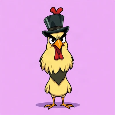 goofy pfp — chicken, wearing a tiny top hat with a serious face, solid lilac background