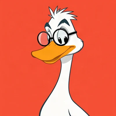 goofy pfp — duck, wearing a monocle looking judgmental, solid coral background