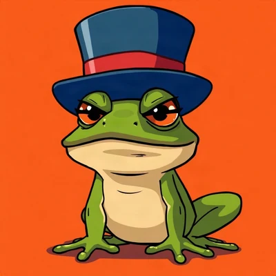 goofy pfp — frog, wearing a tiny top hat with a serious face, solid coral background