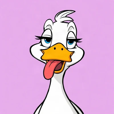 goofy pfp — duck, tongue-out derpy expression, solid lilac background