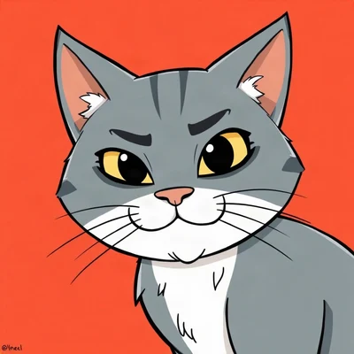 goofy pfp — cat, smug half-lidded grin, solid coral background