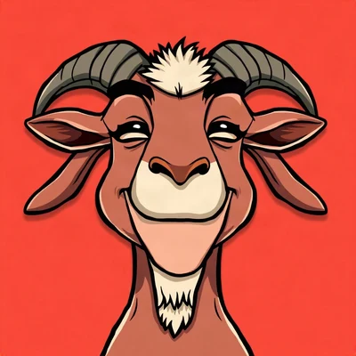 goofy pfp — goat, smug half-lidded grin, solid coral background