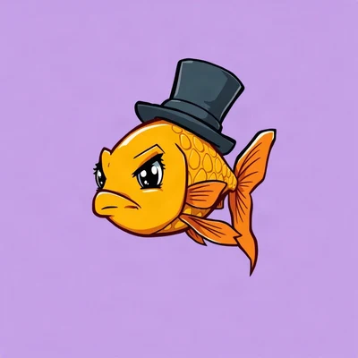 goofy pfp — goldfish, wearing a tiny top hat with a serious face, solid lilac background