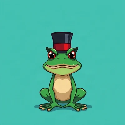 goofy pfp — frog, wearing a tiny top hat with a serious face, solid teal background