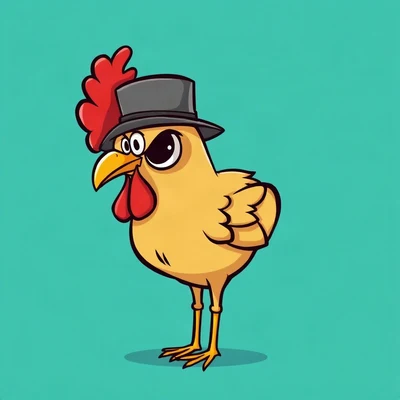 goofy pfp — chicken, wearing a tiny top hat with a serious face, solid teal background
