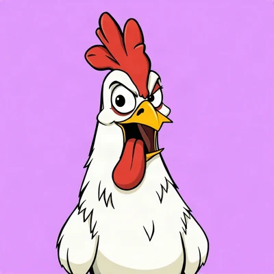 goofy pfp — chicken, tongue-out derpy expression, solid lilac background