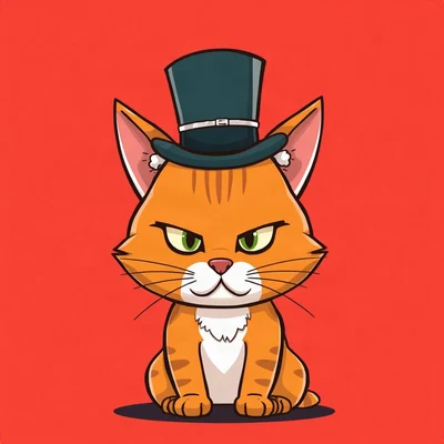 goofy pfp — cat, wearing a tiny top hat with a serious face, solid coral background