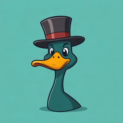 goofy pfp — duck, wearing a tiny top hat with a serious face, solid teal background