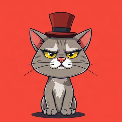 goofy pfp — cat, wearing a tiny top hat with a serious face, solid coral background