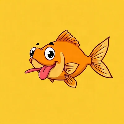 goofy pfp — goldfish, tongue-out derpy expression, solid yellow background