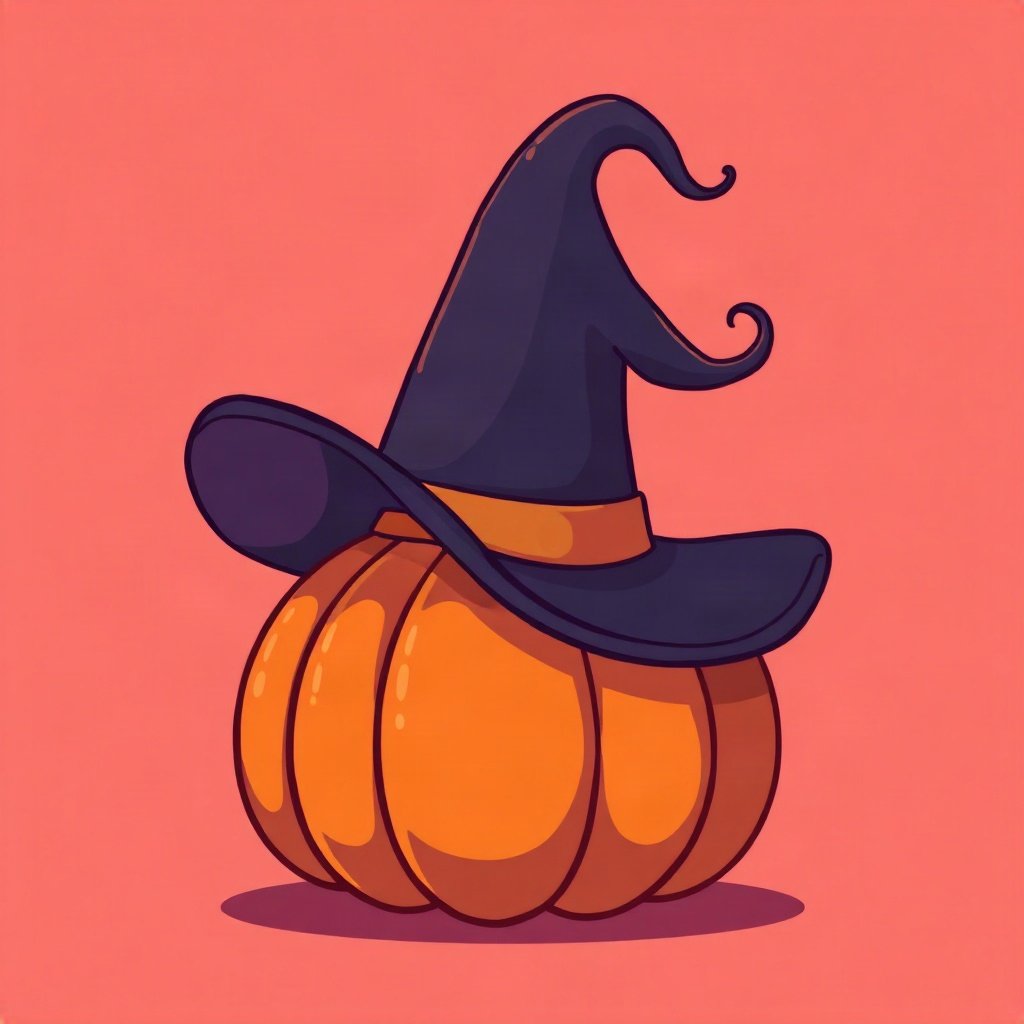 halloween pfp — witch hat on a pumpkin, flat spooky-cute cartoon, orange and deep purple palette