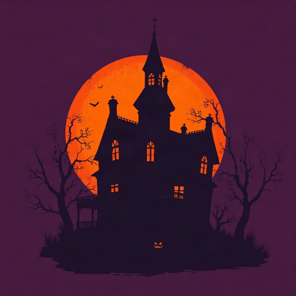halloween pfp — spooky haunted house silhouette, moody digital painting, orange and deep purple palette