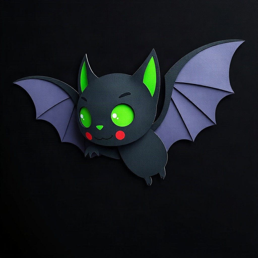 halloween pfp — cute vampire bat character, paper-cut layered art style, black and toxic green