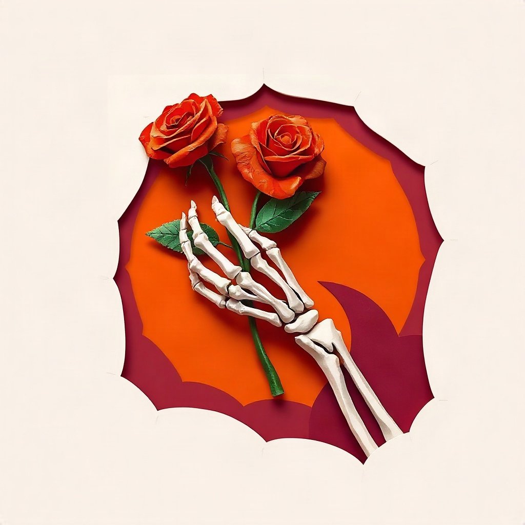 halloween pfp — skeleton hand holding a rose, paper-cut layered art style, orange and deep purple palette