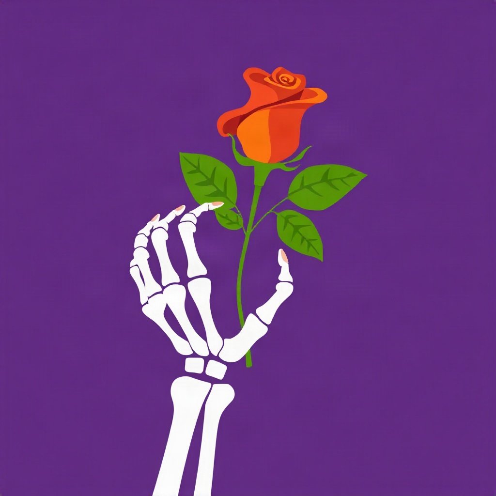 halloween pfp — skeleton hand holding a rose, flat spooky-cute cartoon, orange and deep purple palette