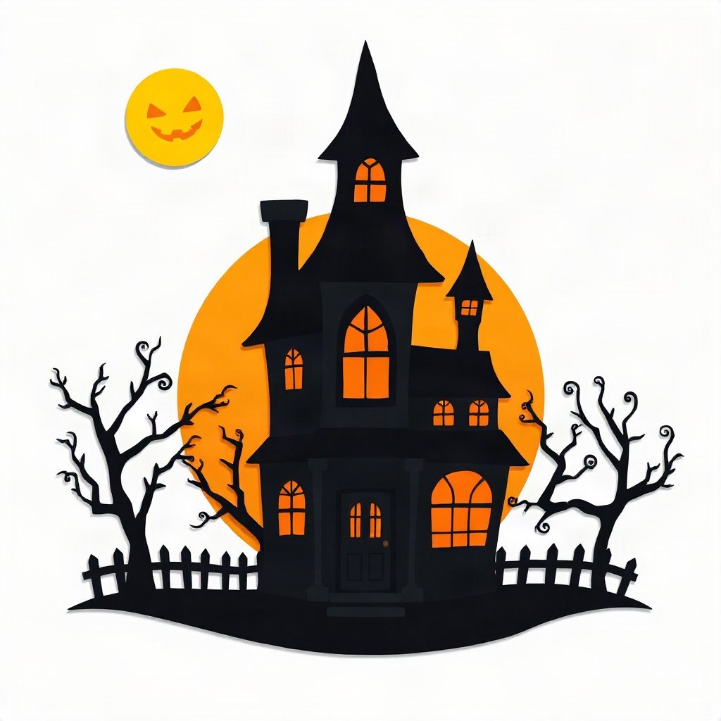 halloween pfp — spooky haunted house silhouette, paper-cut layered art style, monochrome with orange accent