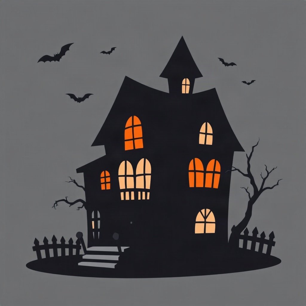 halloween pfp — spooky haunted house silhouette, flat spooky-cute cartoon, monochrome with orange accent