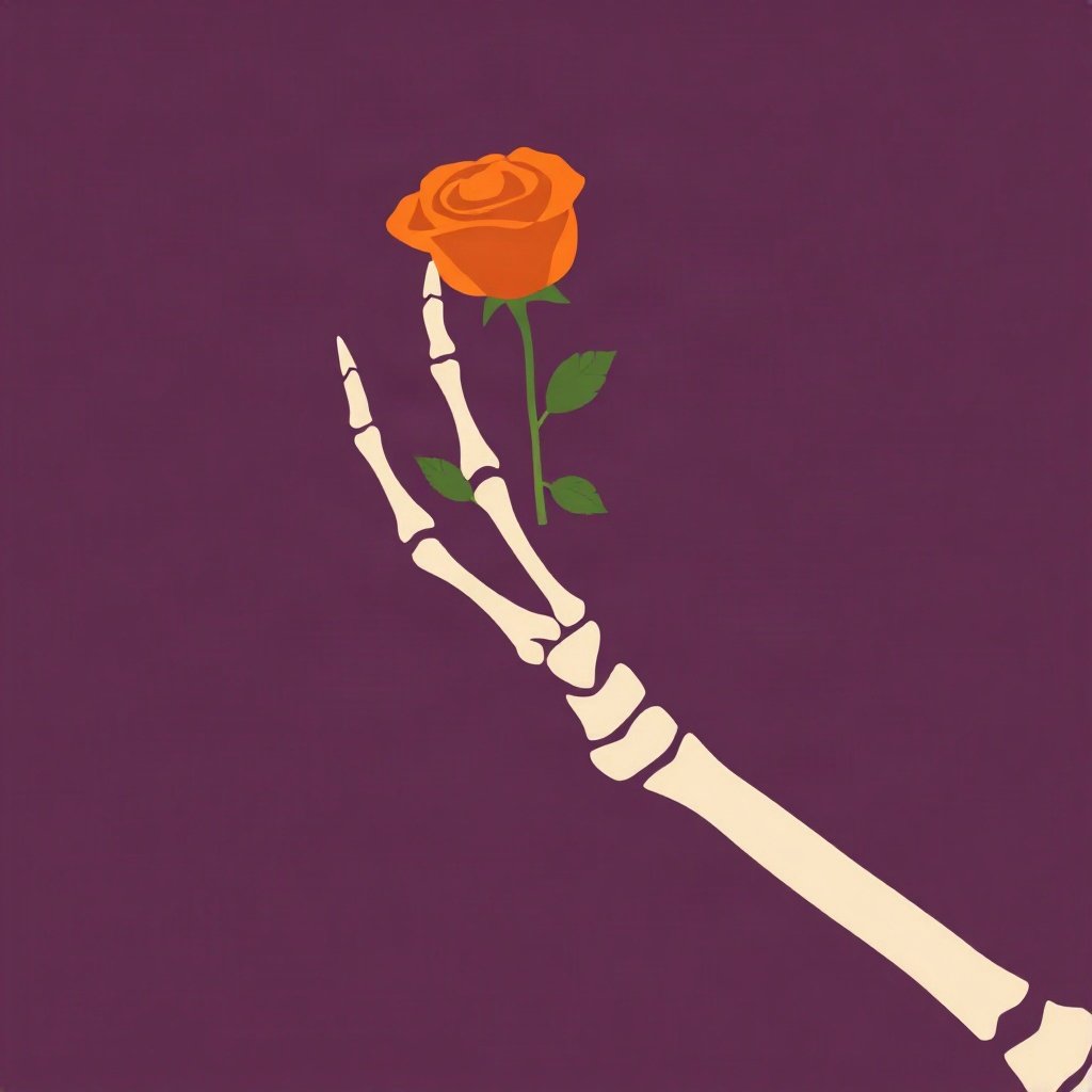halloween pfp — skeleton hand holding a rose, flat spooky-cute cartoon, orange and deep purple palette