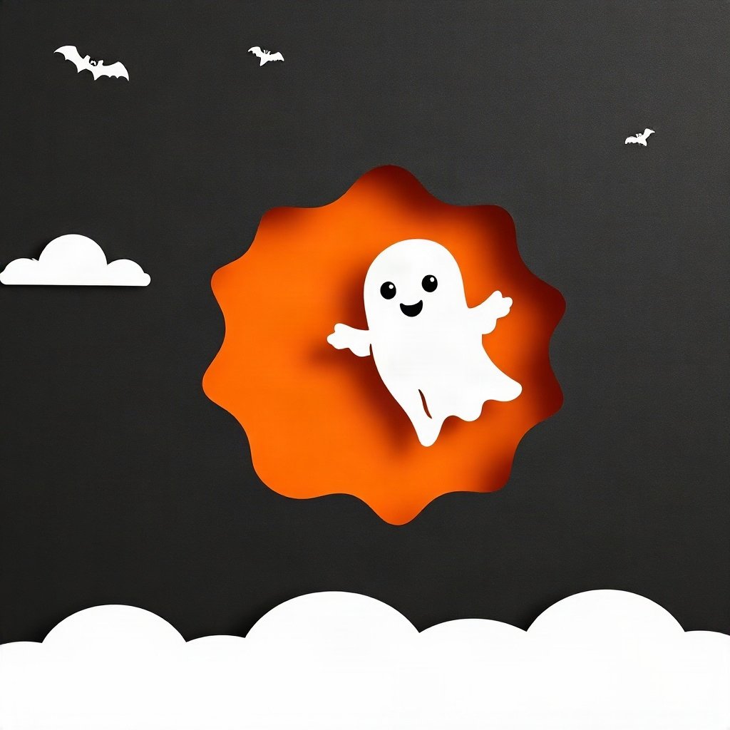 halloween pfp — friendly little ghost floating, paper-cut layered art style, monochrome with orange accent