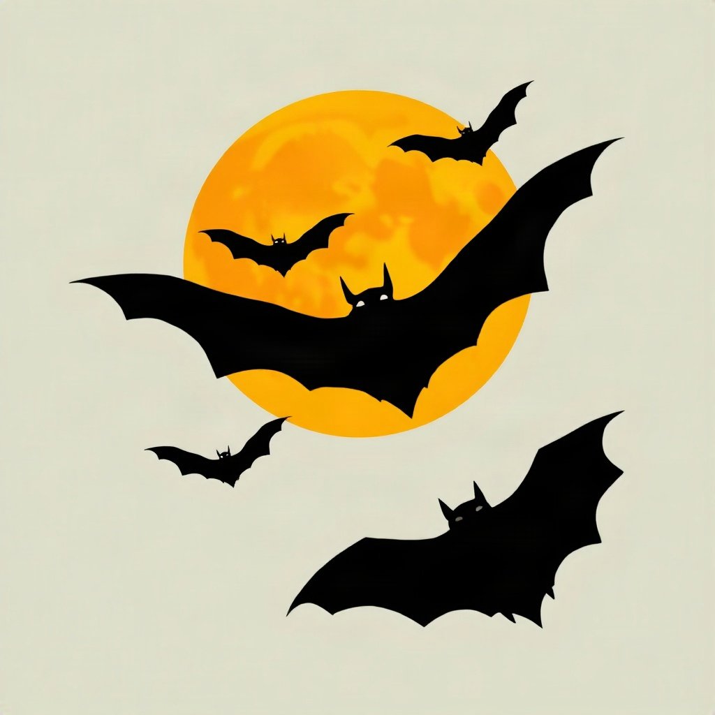 halloween pfp — bat silhouettes against orange moon, soft 3d render, monochrome with orange accent
