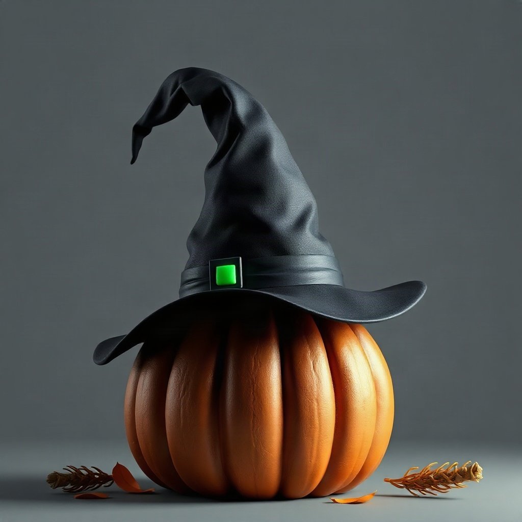 halloween pfp — witch hat on a pumpkin, soft 3d render, black and toxic green