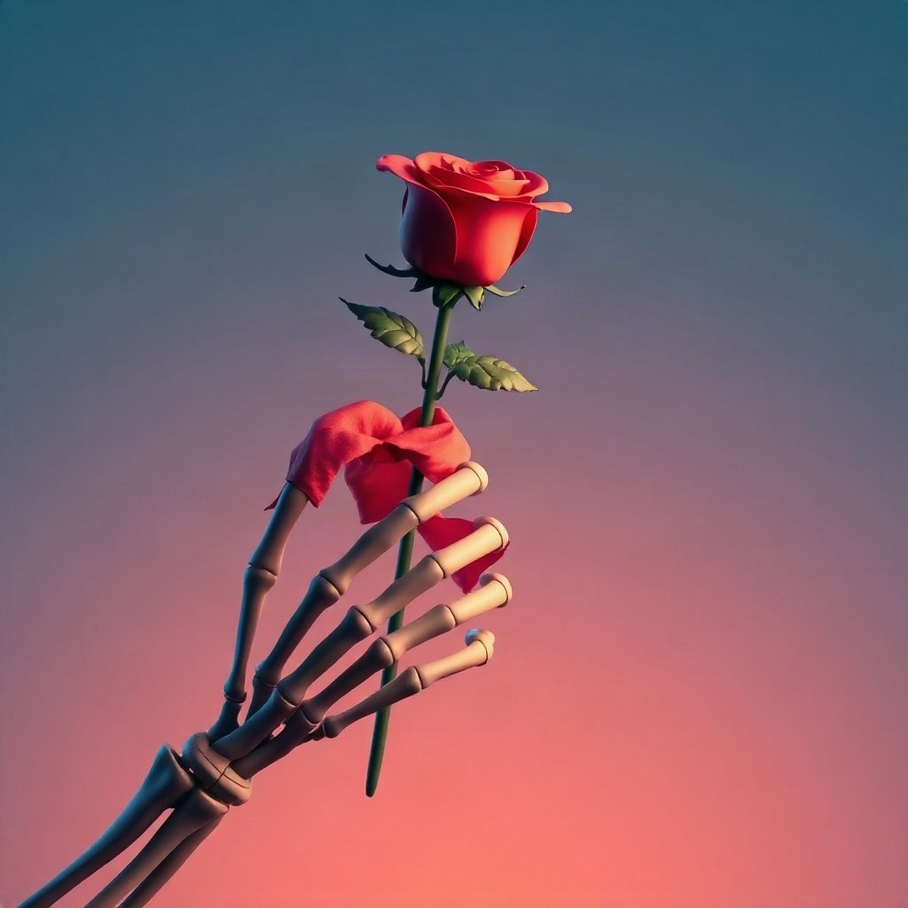 halloween pfp — skeleton hand holding a rose, soft 3d render, dusk blue and pumpkin orange
