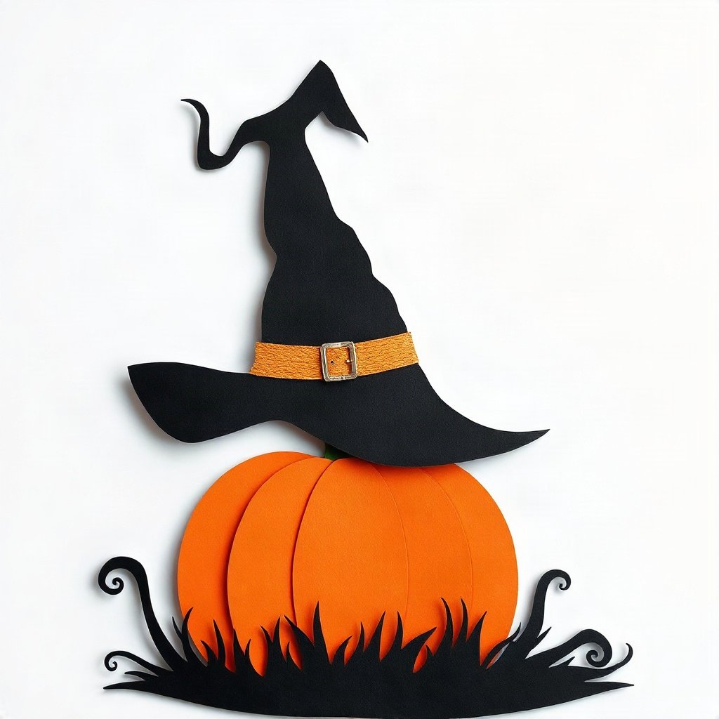 halloween pfp — witch hat on a pumpkin, paper-cut layered art style, monochrome with orange accent