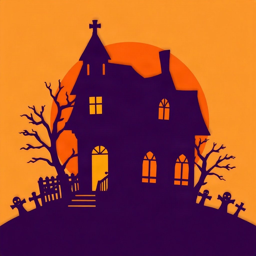 halloween pfp — spooky haunted house silhouette, paper-cut layered art style, orange and deep purple palette