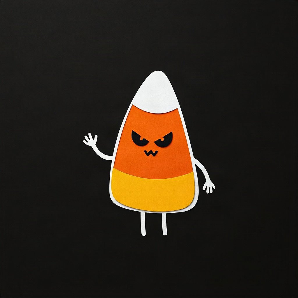 halloween pfp — candy corn pattern character, paper-cut layered art style, monochrome with orange accent