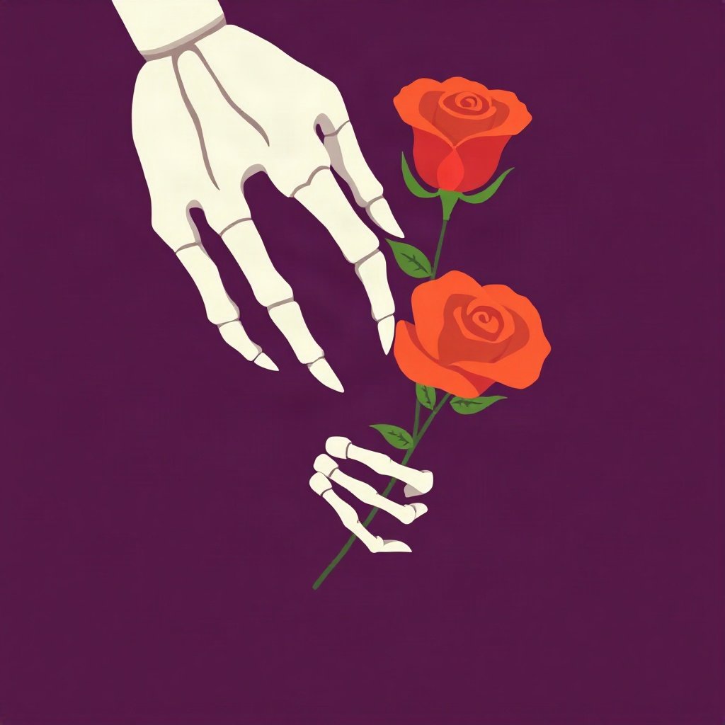 halloween pfp — skeleton hand holding a rose, flat spooky-cute cartoon, orange and deep purple palette