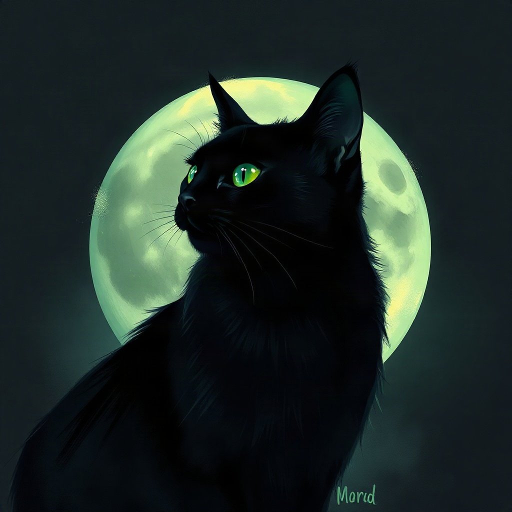 halloween pfp — black cat with big moon behind, moody digital painting, black and toxic green