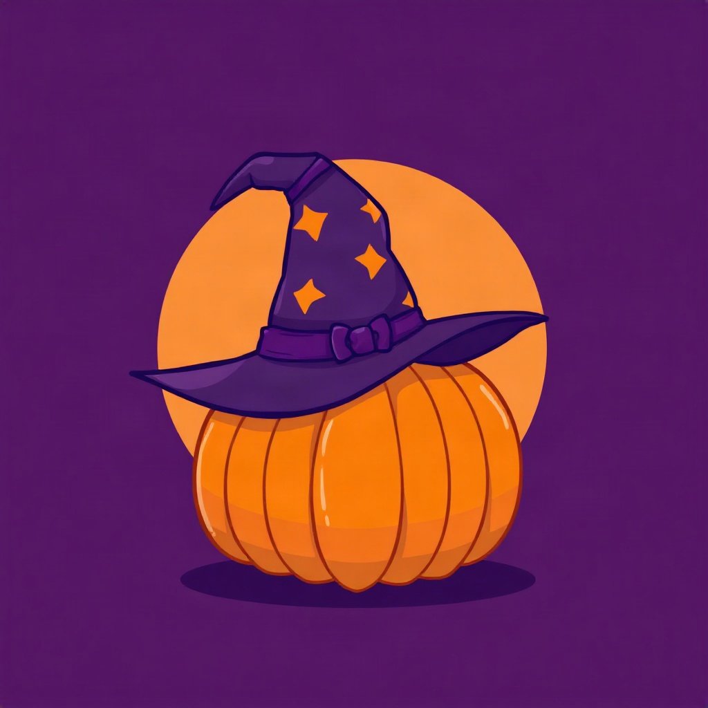 halloween pfp — witch hat on a pumpkin, flat spooky-cute cartoon, orange and deep purple palette